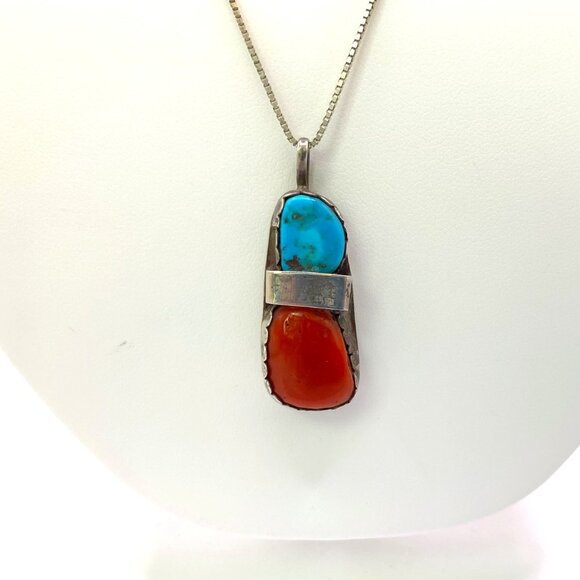 Turquoise Coral Sterling Silver Native American Navajo Pendant Necklace J831